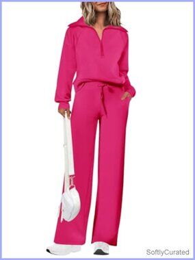 2 Piece Outfits Casual Lapel Half Zip Sweatshirts Wide Leg Pants Tracksuit Sets